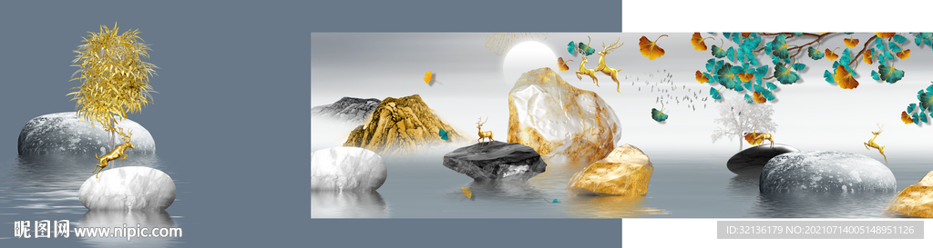 轻奢麋鹿山水装饰画