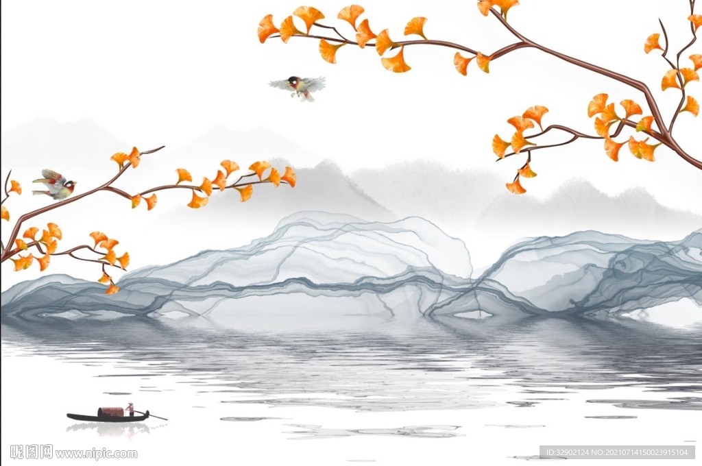 抽象曲线银杏花鸟中式背景墙