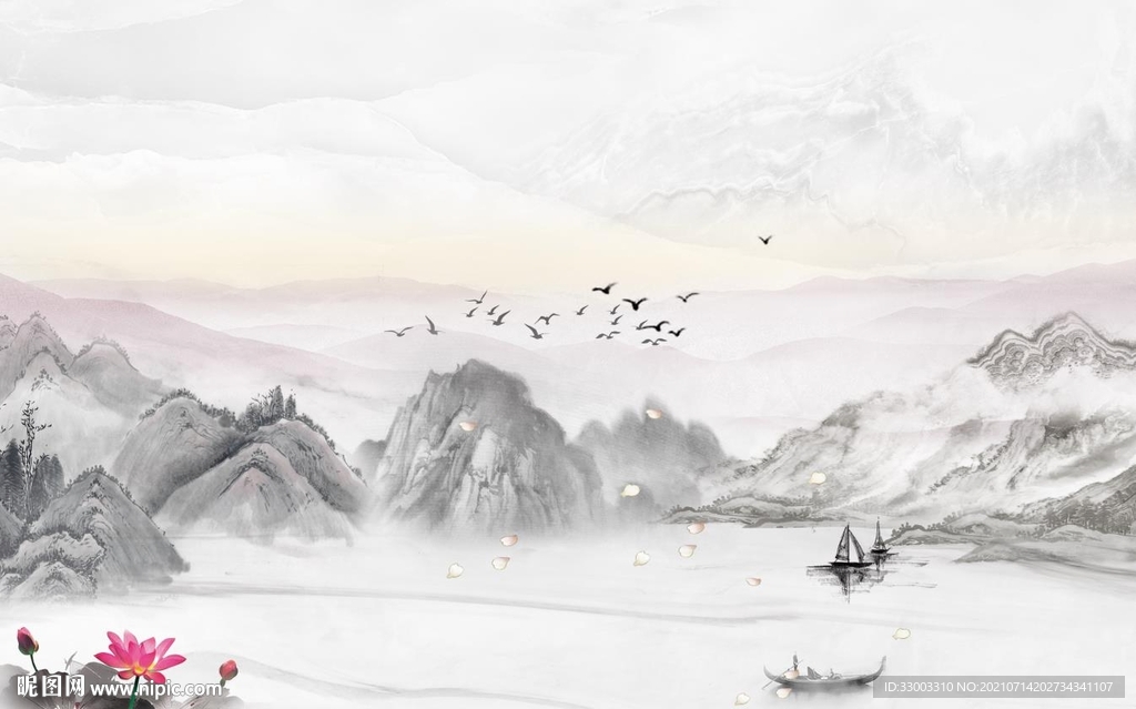 荷花新中式山水背景墙