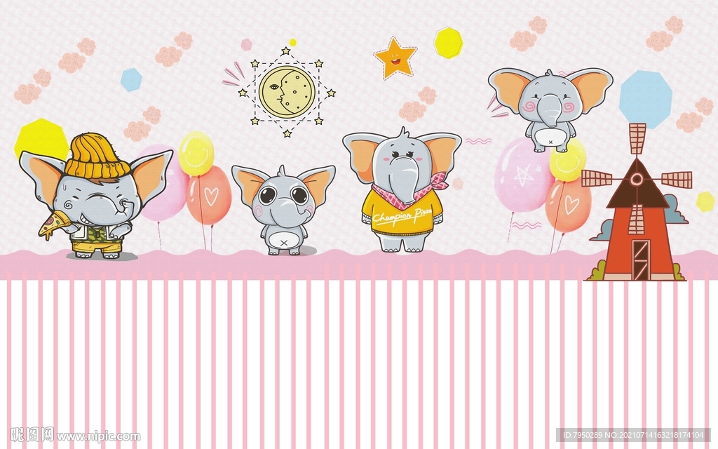 北欧手绘卡通儿童房背景墙