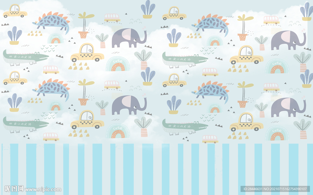 北欧卡通手绘儿童房背景墙