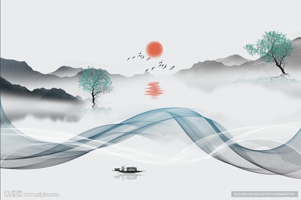 曲线山水抽象烟雾中式背景墙