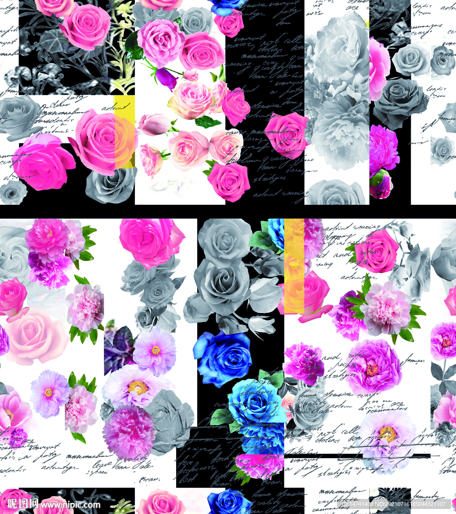 时尚手写英文元素炫彩花卉碎花