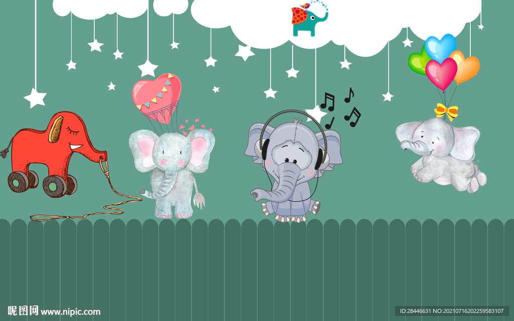 北欧卡通手绘儿童房背景墙