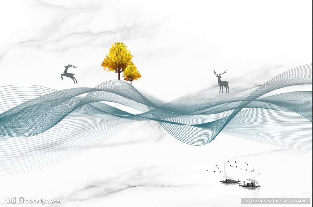 中式曲线山水麋鹿爵士白石纹壁画