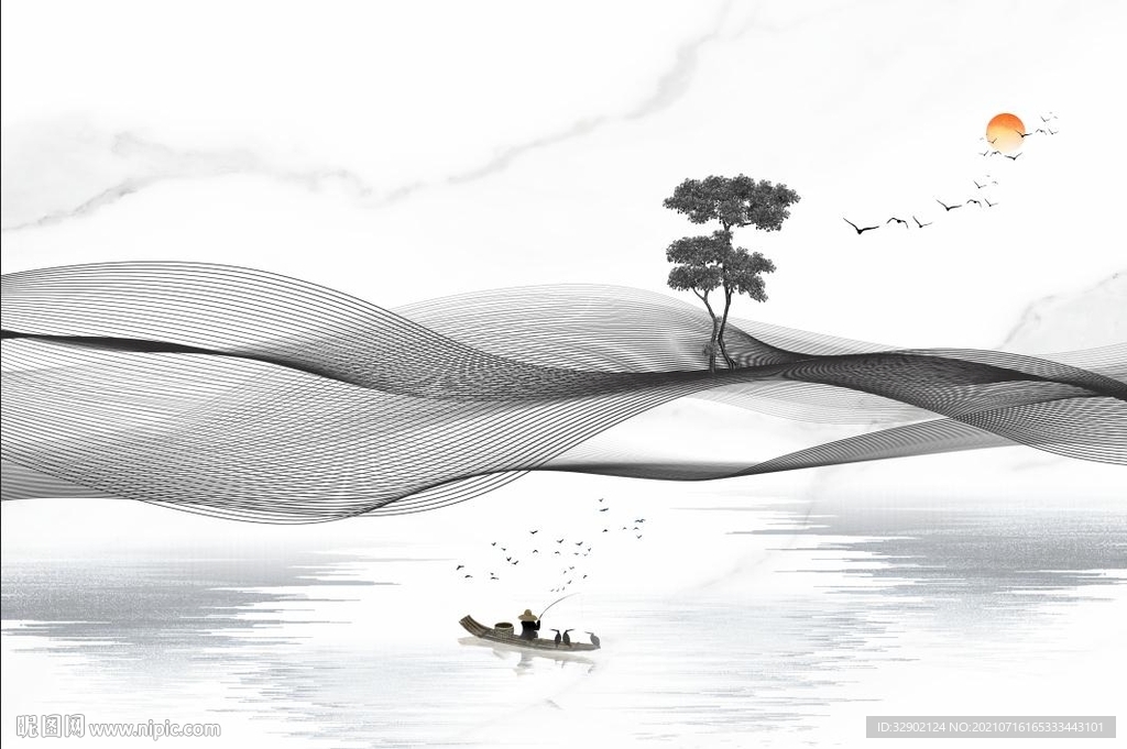 中式曲线山水麋鹿爵士白石纹背景