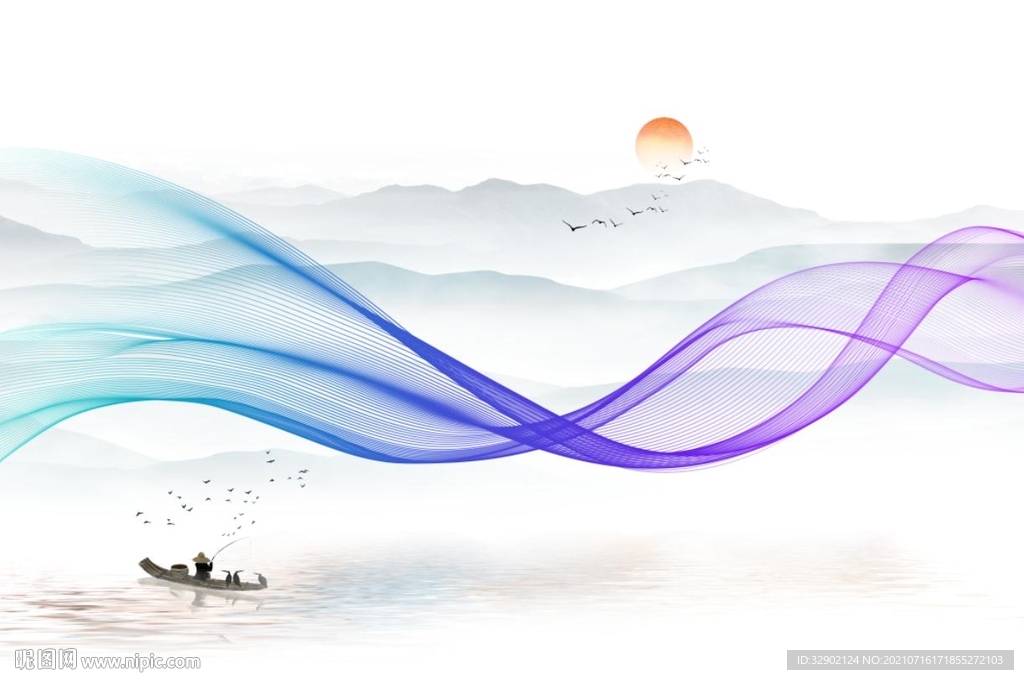 中式曲线山水麋鹿爵士白石纹壁画