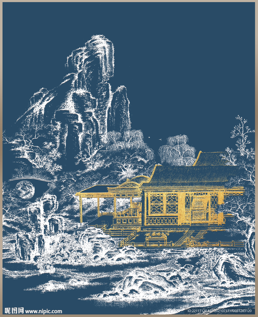 新中式古代建筑立体砂岩装饰画