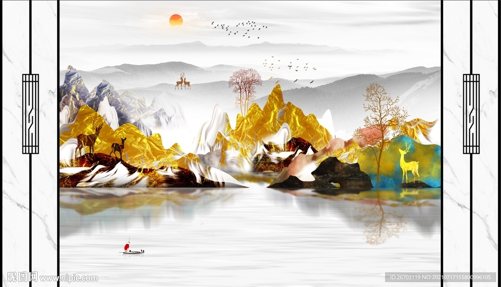 新款爆款麋鹿金色山护墙板电视背