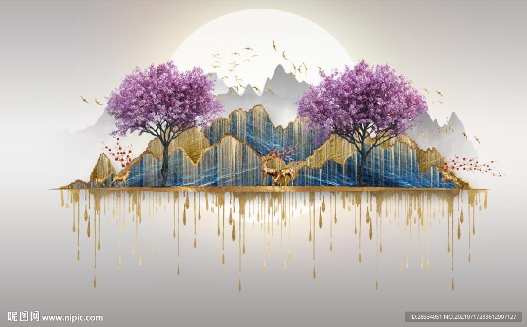 新中式抽象森林麋鹿电视背景墙