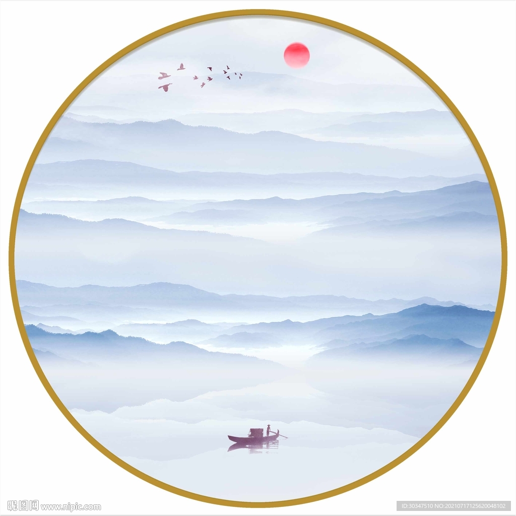 新中式山水水墨圆形装饰画