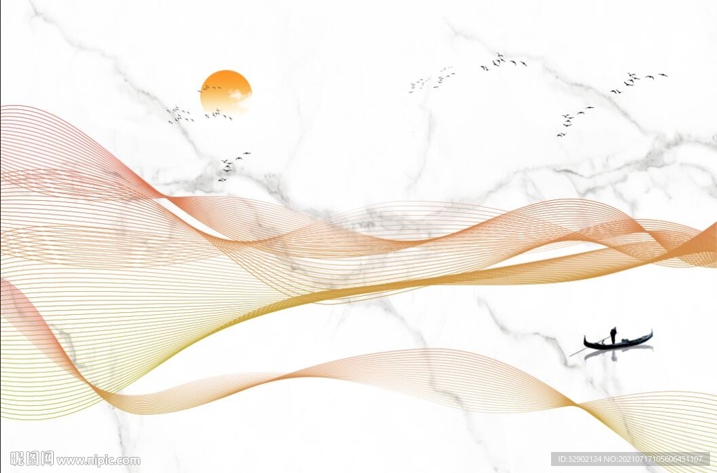 中式曲线山水飞鸟爵士白石纹壁画