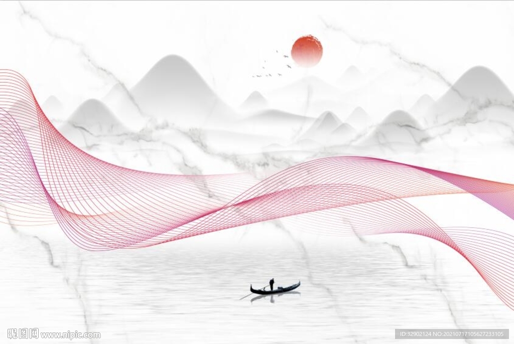 中式曲线山水飞鸟爵士白石纹壁画