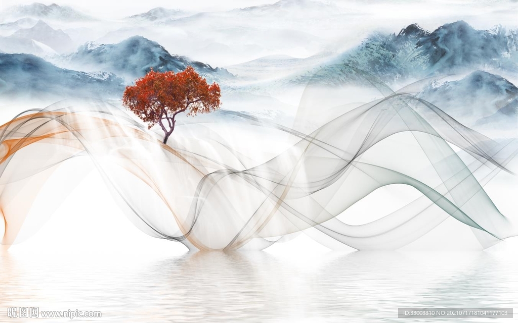 飘带新中式山水背景墙