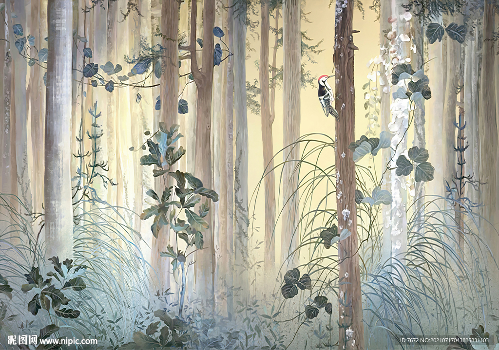 欧式手绘花鸟树林