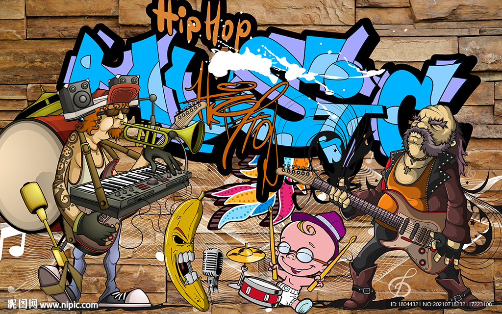 砖墙欧美涂鸦音乐工装背景墙