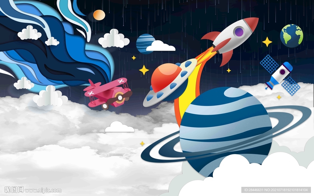 北欧卡通手绘儿童房背景墙