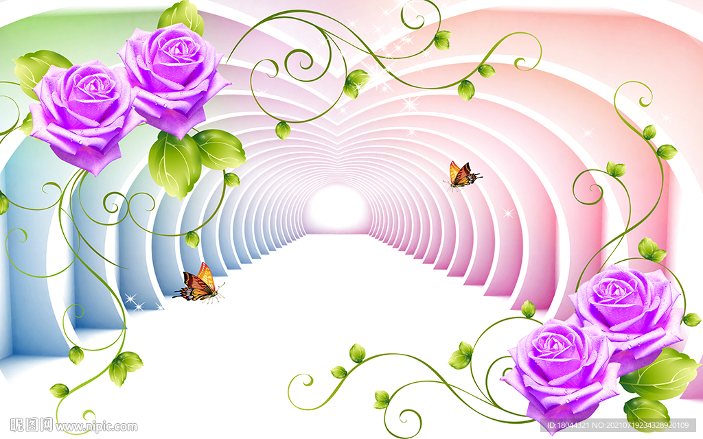 紫色玫瑰花绿藤通道电视背景墙