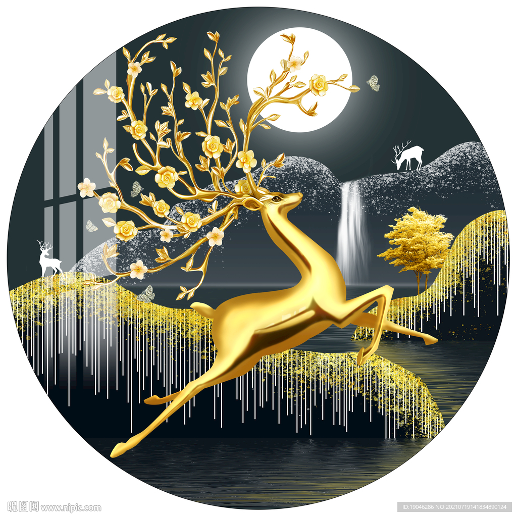 抽象山水金色麋鹿圆形装饰画