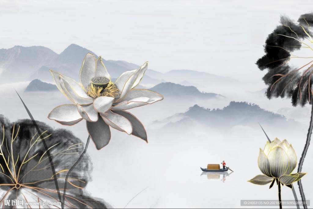 新中式荷花山水船国画背景墙