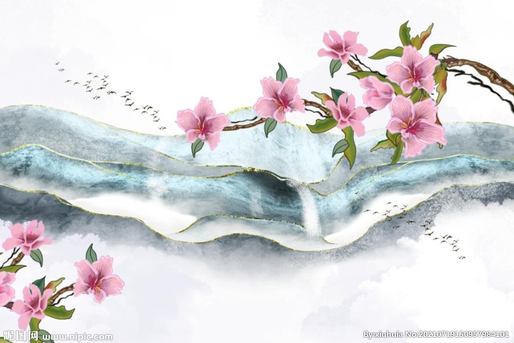 中式瀑布山水手绘花卉意境背景墙