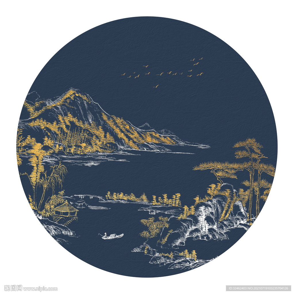 新中式山水画圆形装饰画