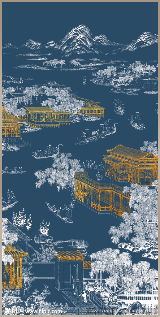 楼阁山水线稿肌理装饰画