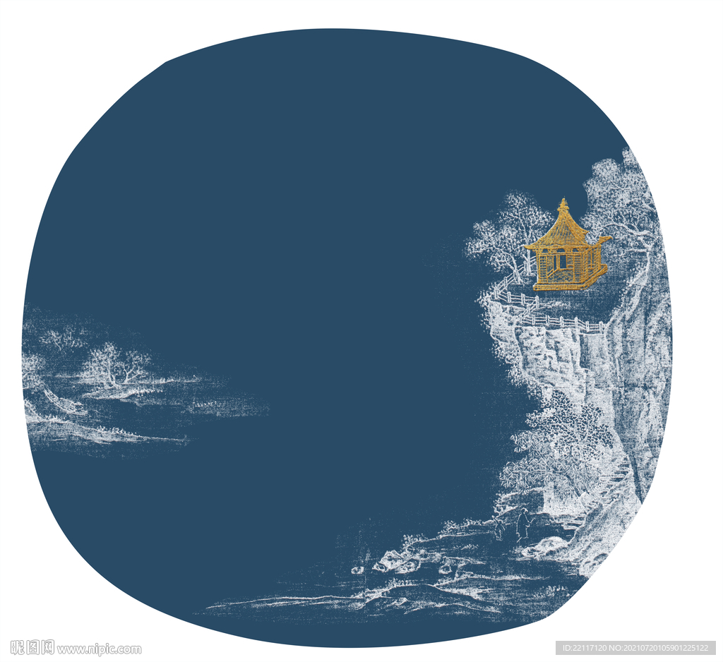 楼阁山水线稿肌理装饰画