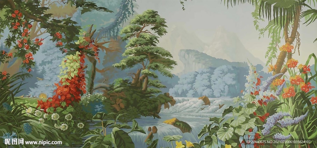 	 美式热带雨林植物西洋画壁纸