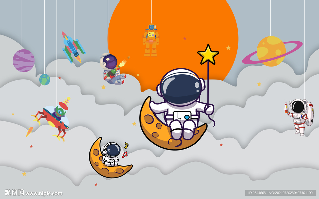 北欧卡通手绘儿童房背景墙