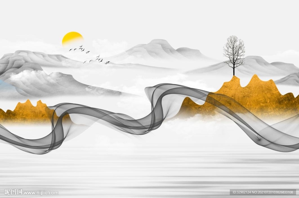 中式曲线金箔山水飞鸟爵士白石纹