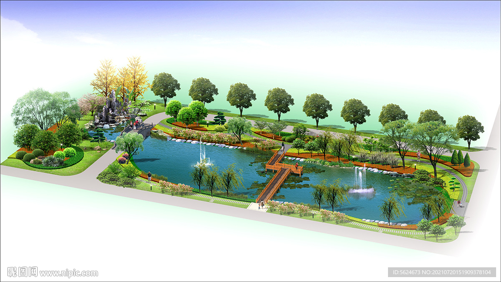 水系 游园人工湖景观绿化效果图