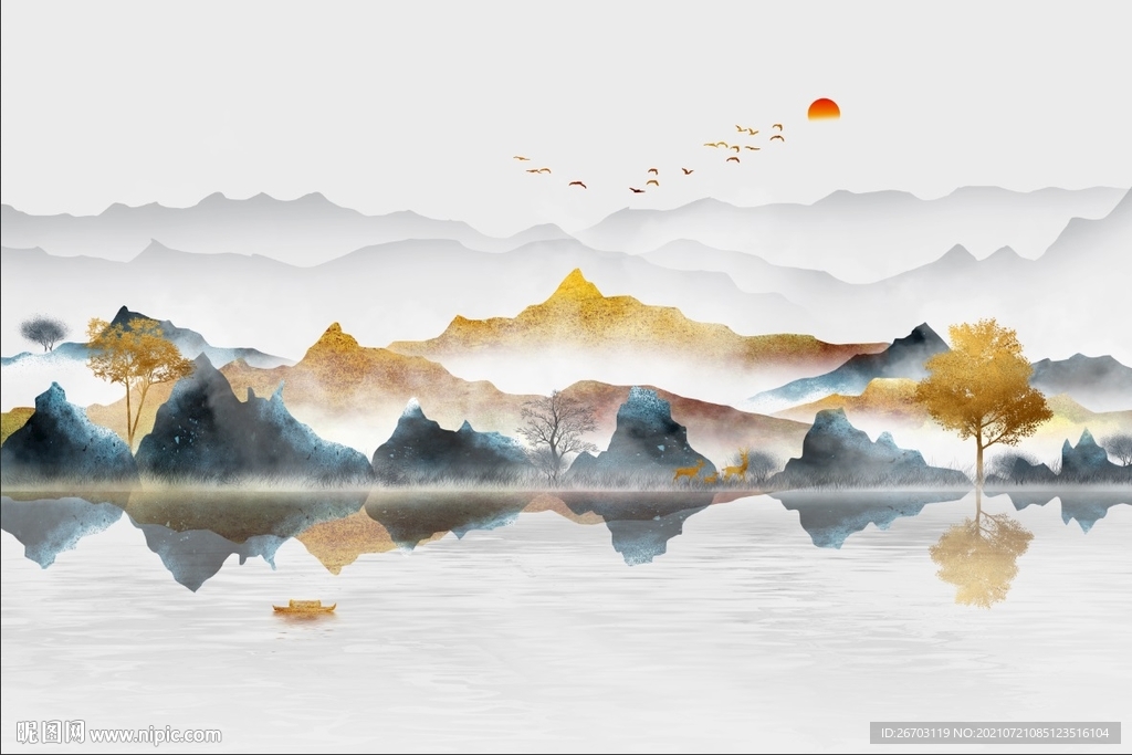 新款爆款现代抽象金色山水电视背