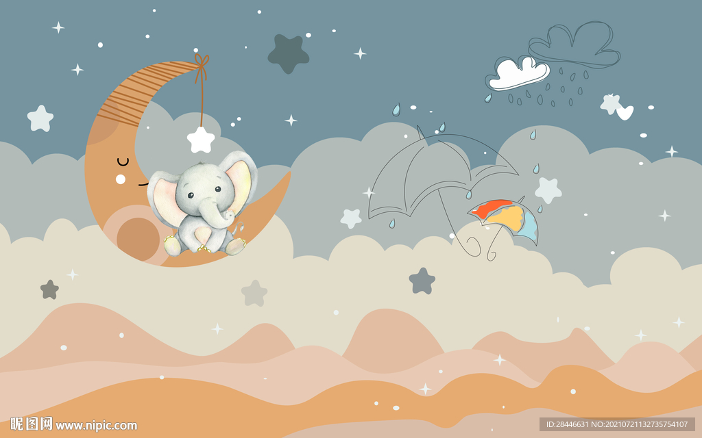 北欧卡通手绘儿童房背景墙