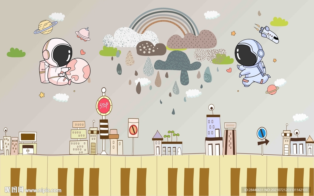 北欧卡通手绘儿童房背景墙