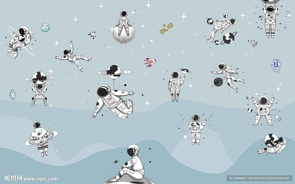 北欧卡通手绘儿童房背景墙