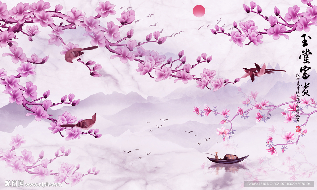 新式山水花鸟电视背景墙