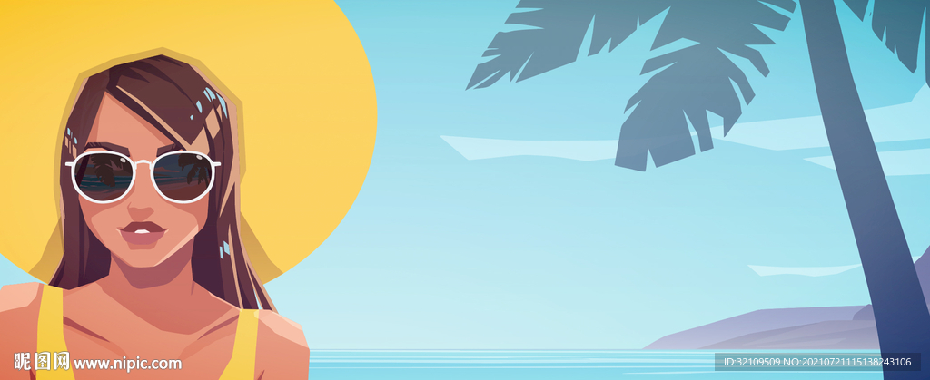 夏日海边椰子树女人脸