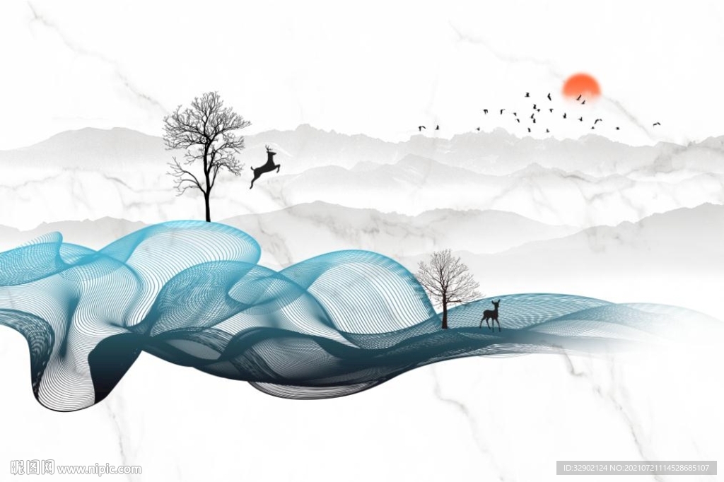 山水抽象曲线麋鹿石纹背景墙