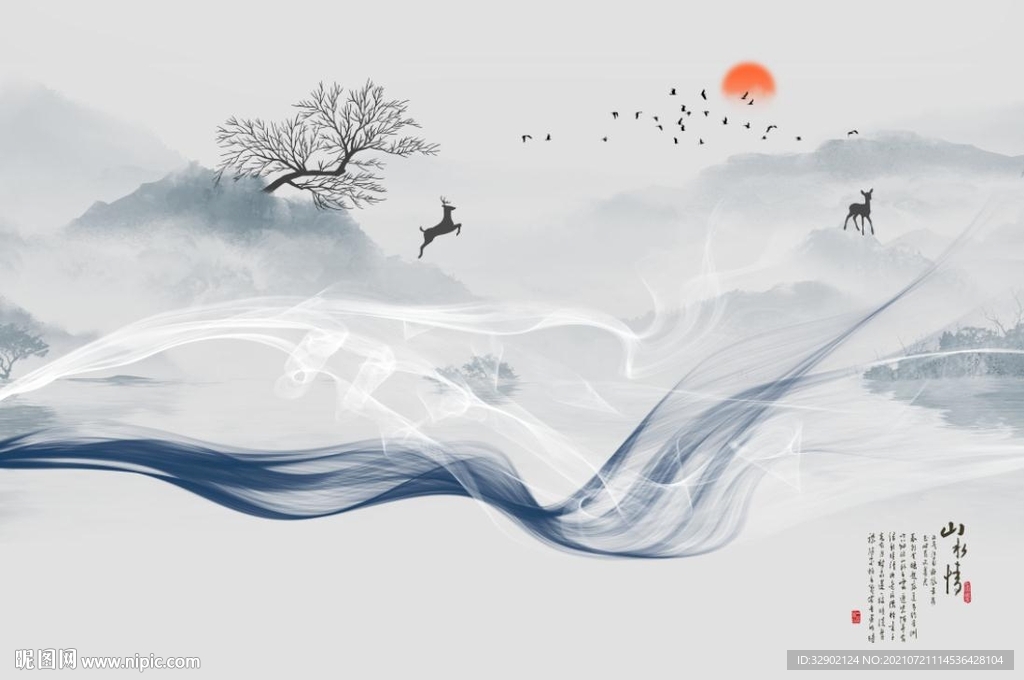 中式抽象曲线麋鹿石纹背景墙