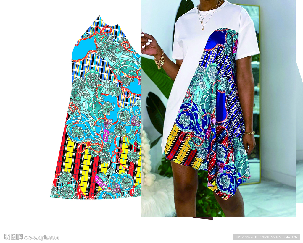 大牌方格花朵定位数码印花