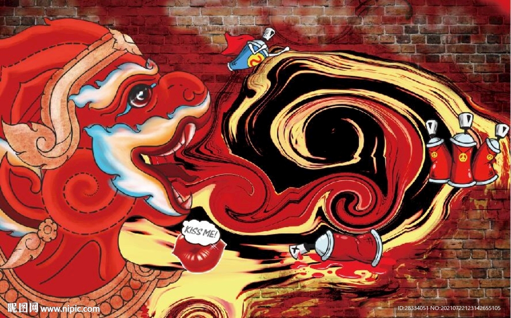 欧美风街头狮子涂鸦餐饮酒吧壁画