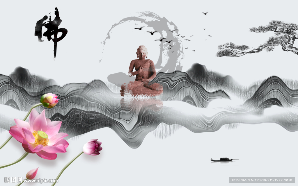 中国风禅意荷花背景墙