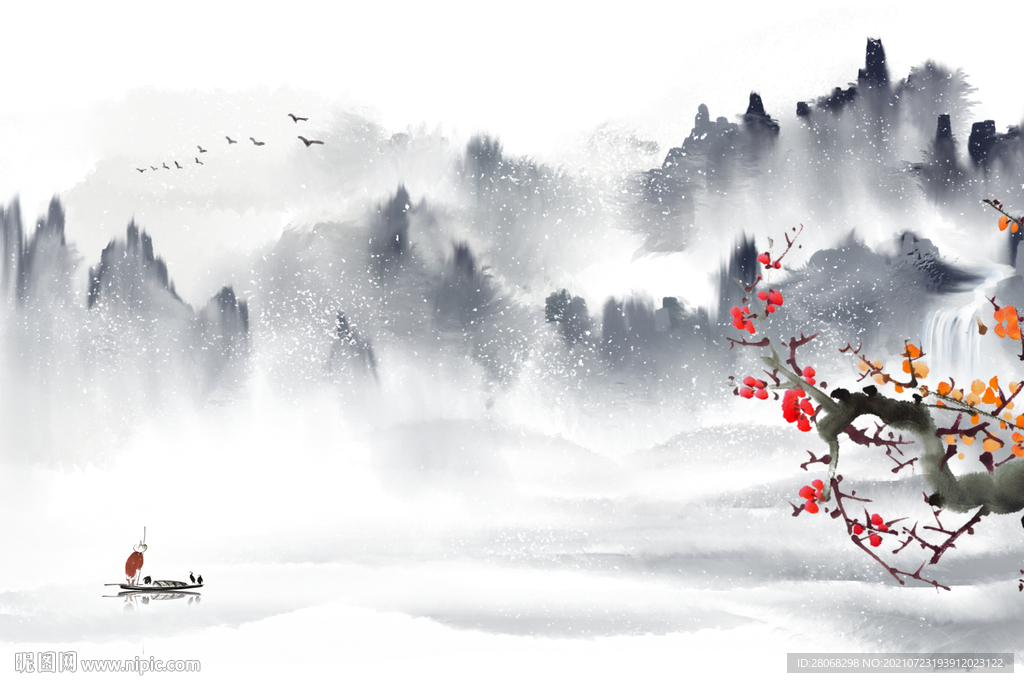 水墨装饰卡通国潮背景 