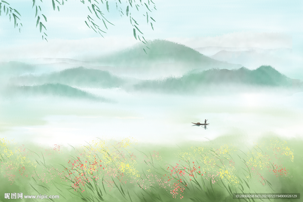 国潮插画山水装饰背景