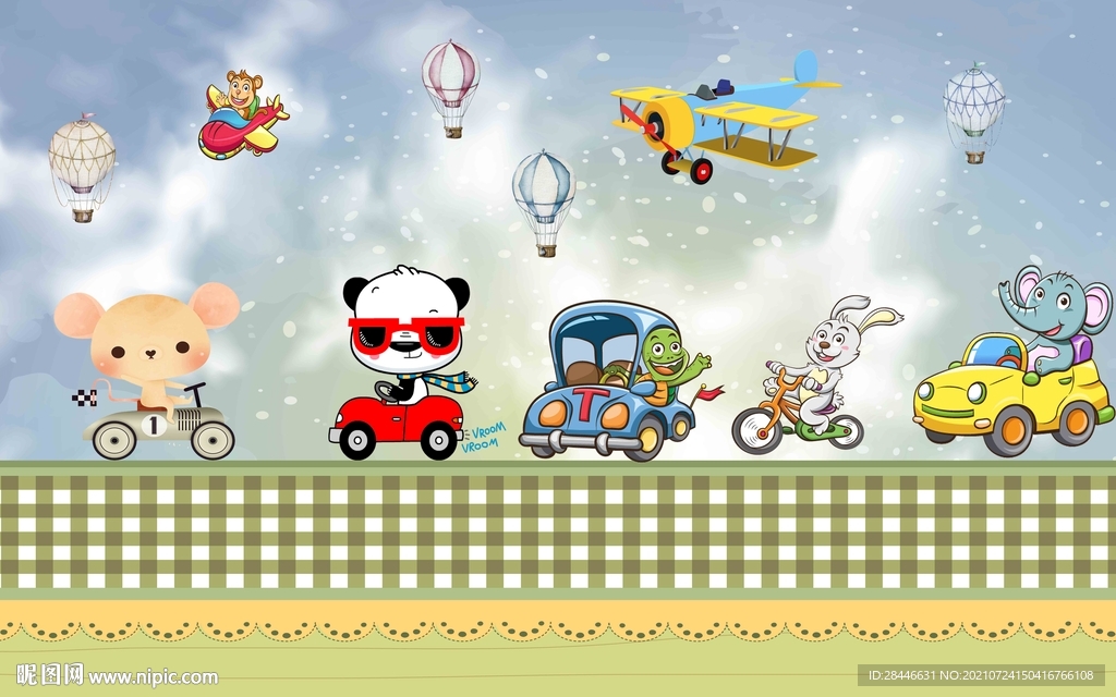 北欧卡通手绘儿童房背景墙