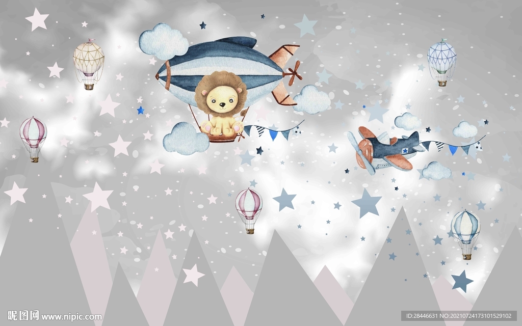 北欧卡通手绘儿童房背景墙