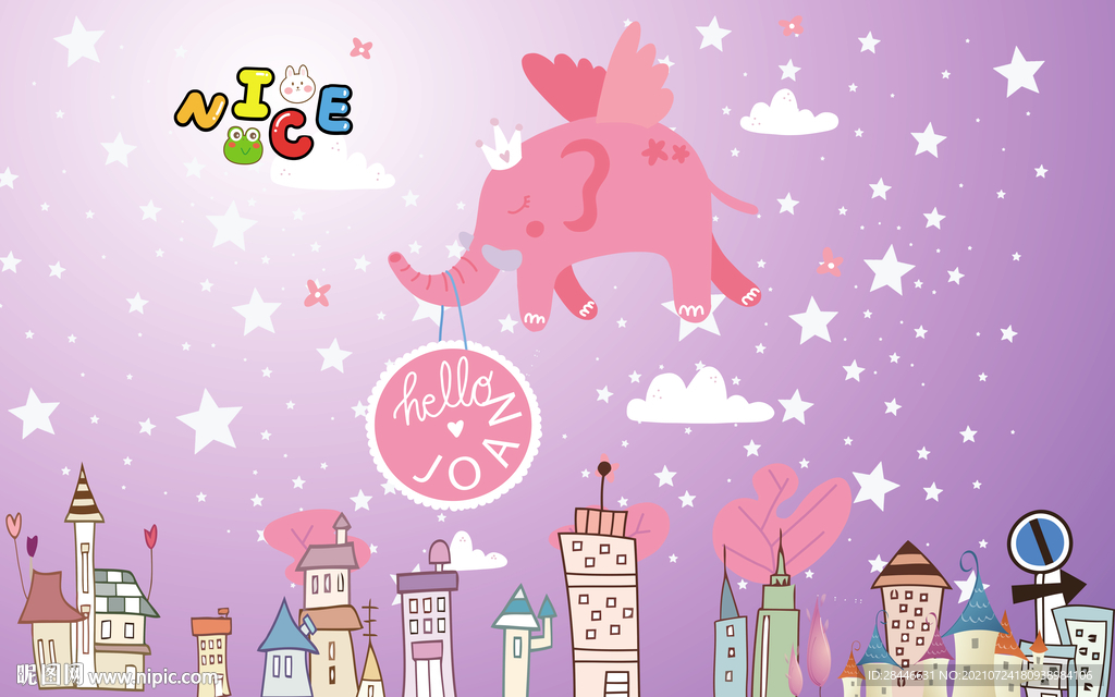 北欧卡通手绘儿童房背景墙