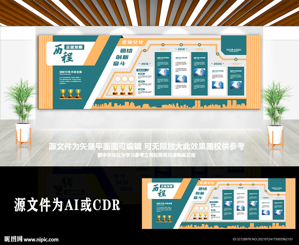 创意墨绿色企业发展历程文化墙