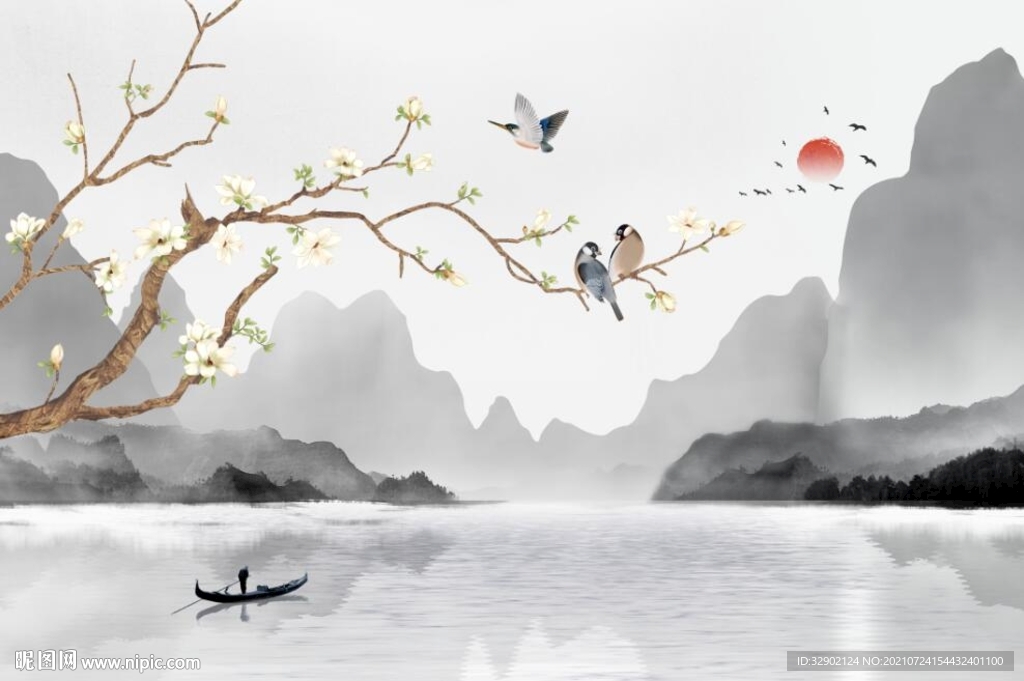 中式山水玉兰花鸟江南背景墙